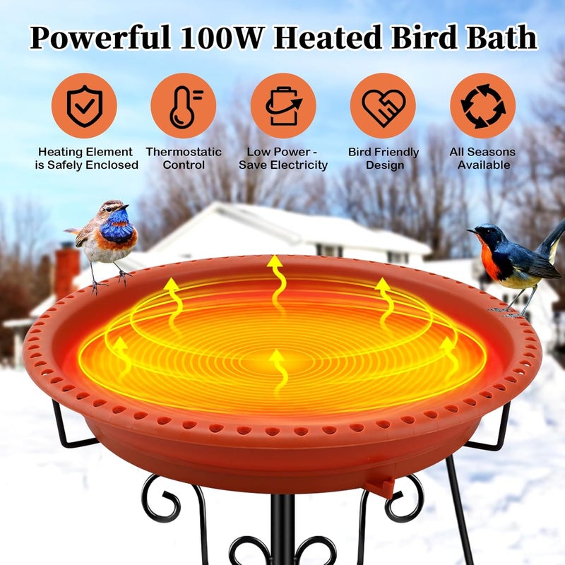 Lovppy Heated Bird Baths for Outdoors for Winter, 100W Heated Bird Bath Water Heater with Thermostatically Controlled, Heated Bird Baths Bowl with Metal Stake for Outside Garden Patio Yard (Brown) - Image 2